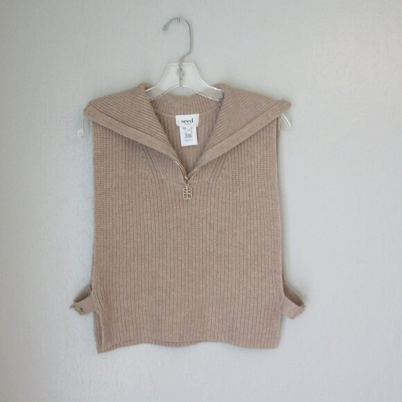 SEED Tan Front Zip Open Sides Button Side Closure One Size Sweater - Picture 1 of 3